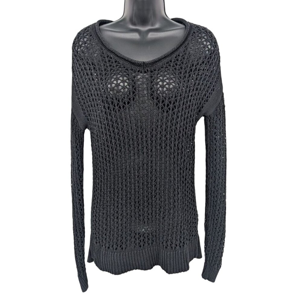 Crochet Open Knit Sweater Women Size XS Roll V Neck Oversized Pullover Goth Y2K